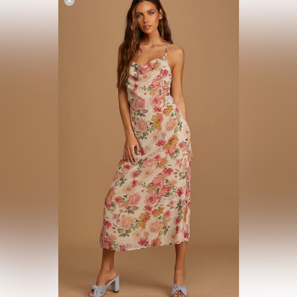 Lulus Sweet Invitation Beige Floral Print Cowl Neck Midi Dress